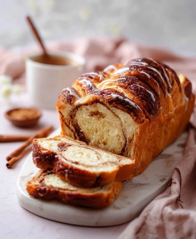 Loaf of homemade cinnamon bread freshly baked and sliced