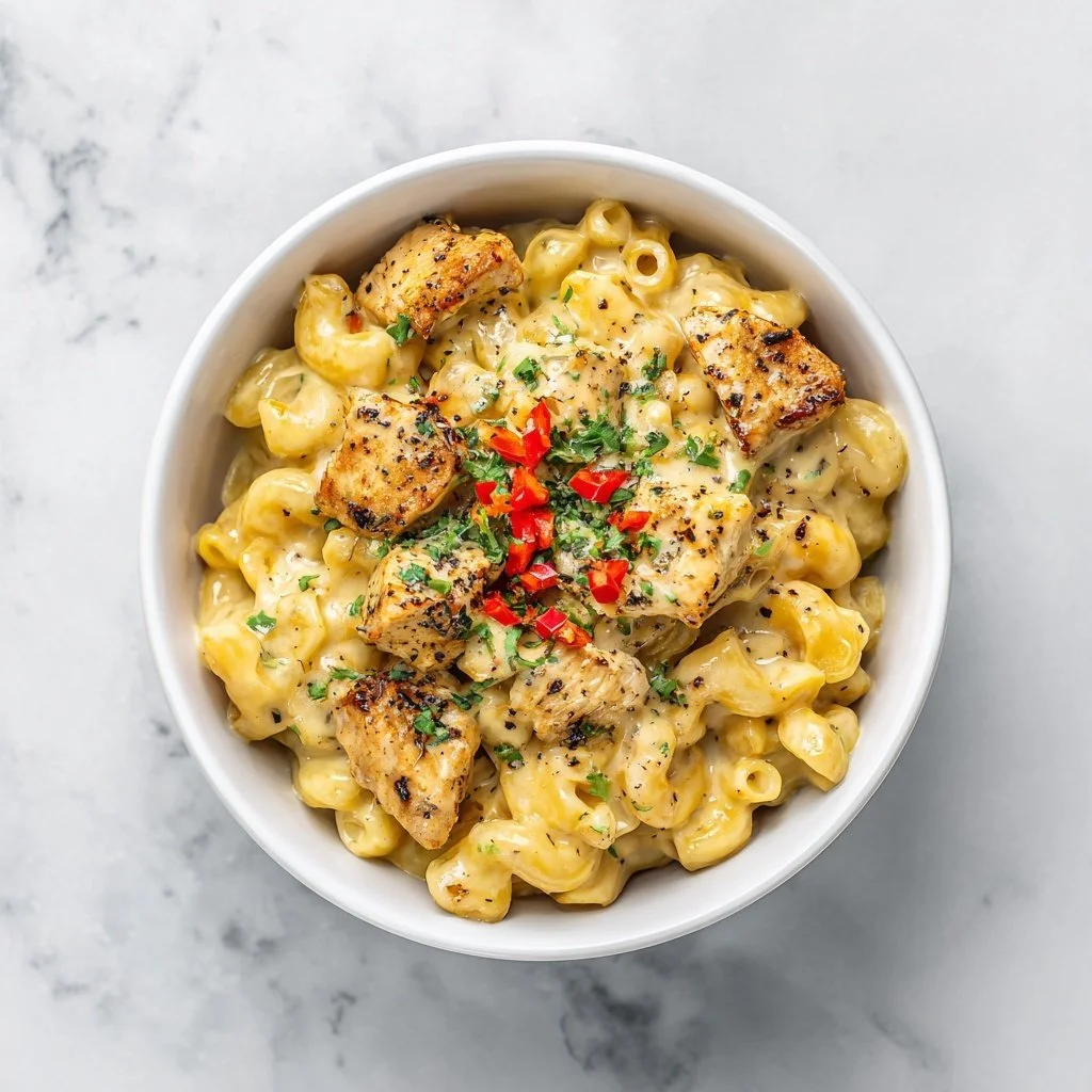 Honey Pepper Chicken Mac and Cheese dish garnished with herbs