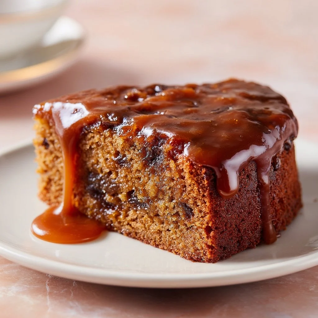 Sliced Iny's Delightful Prune Cake served on a plate with fresh fruit garnish