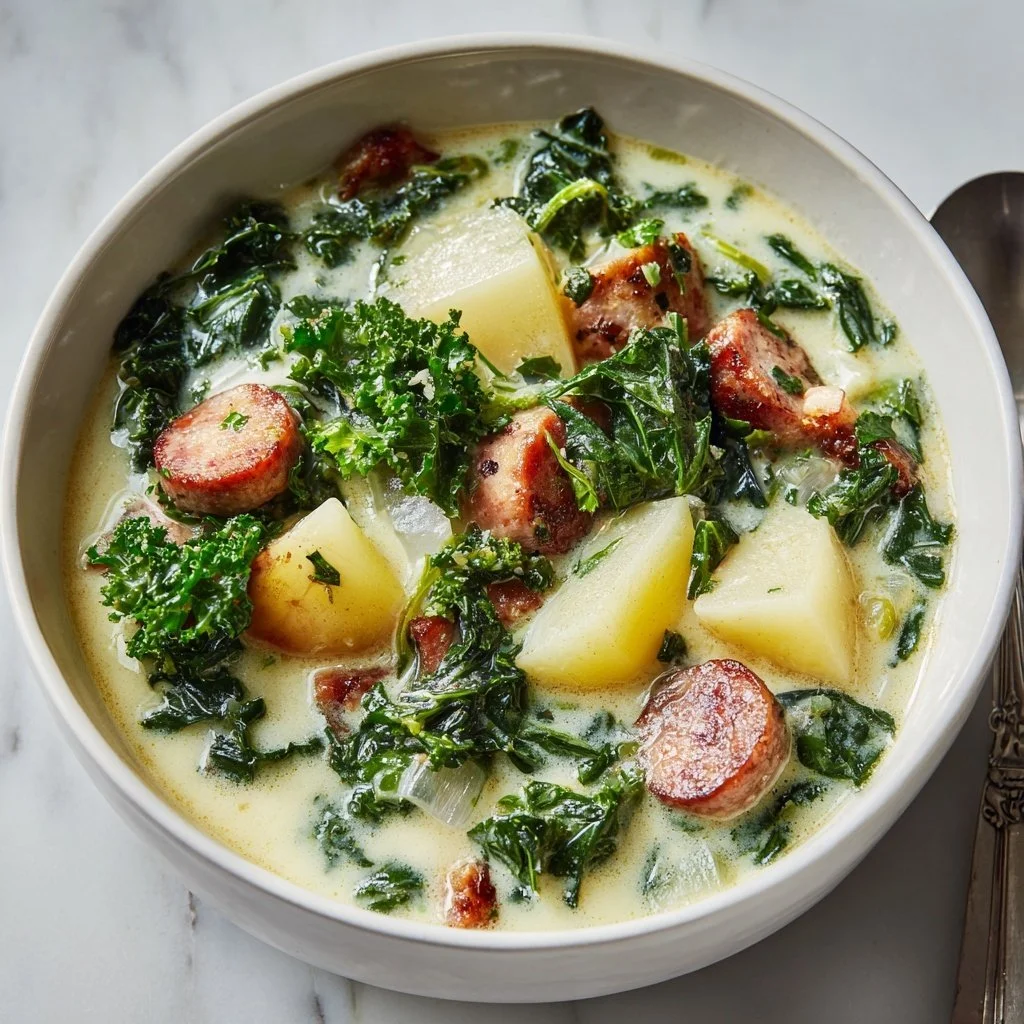 Bowl of delicious kale soup garnished with herbs and fresh vegetables