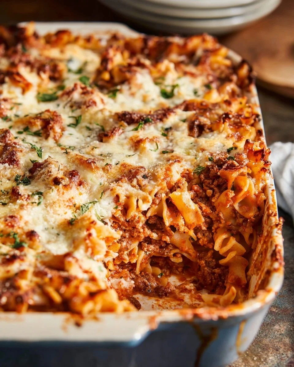 Delicious Lazy Lasagna Casserole served in a baking dish with cheese and herbs