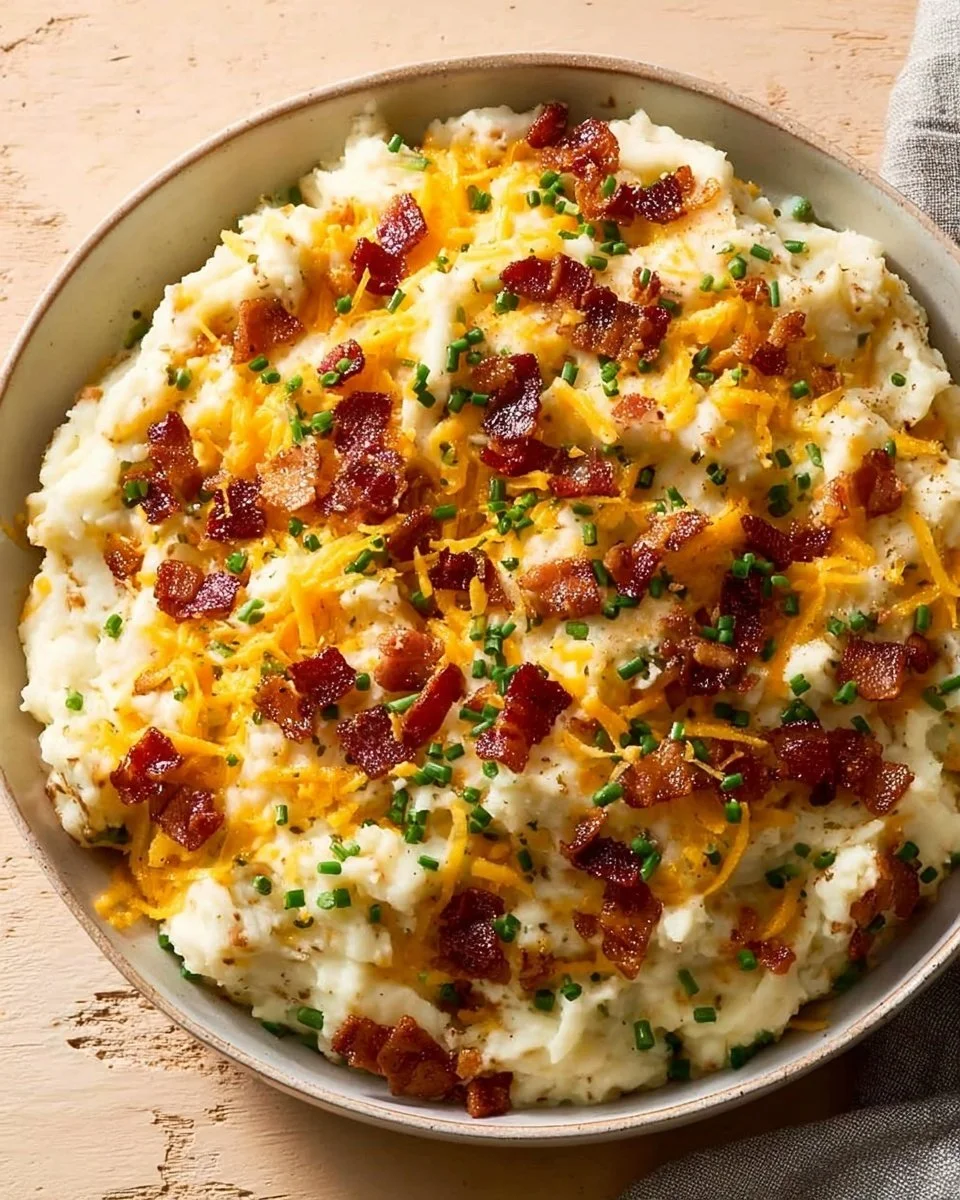 Loaded Mashed Potato Casserole topped with cheese and bacon