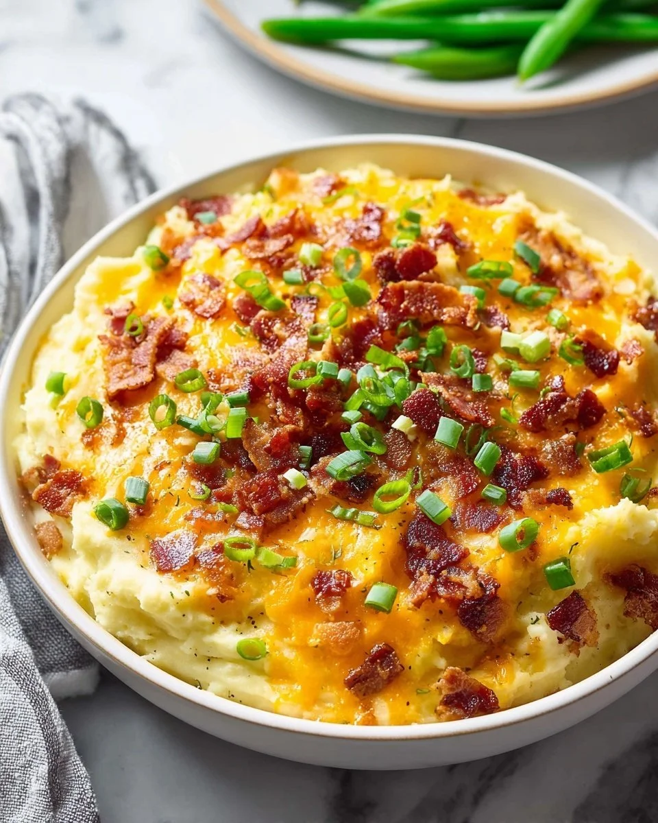 Delicious loaded mashed potatoes topped with cheese, bacon, and chives