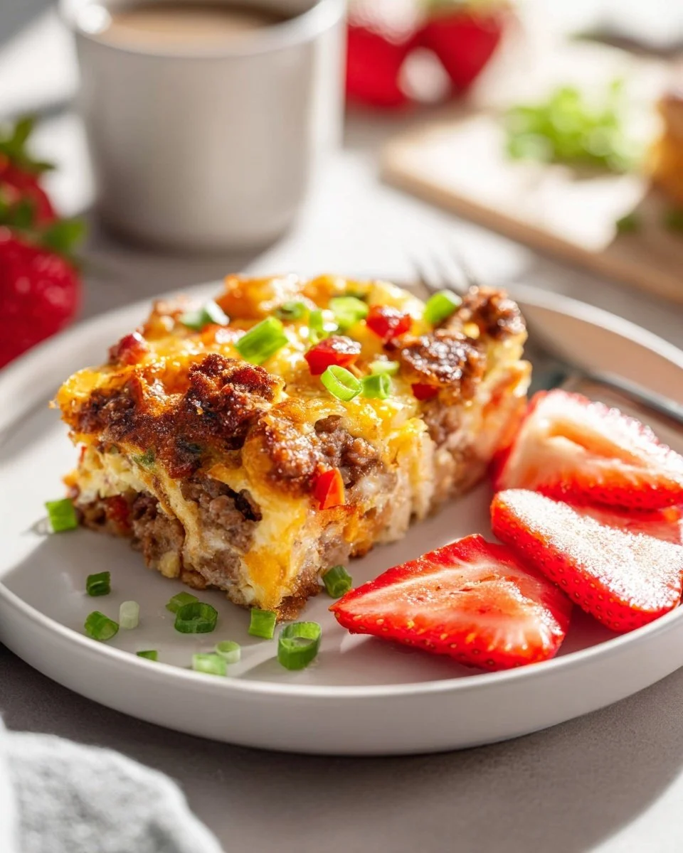 Delicious make-ahead breakfast casserole on a rustic kitchen table