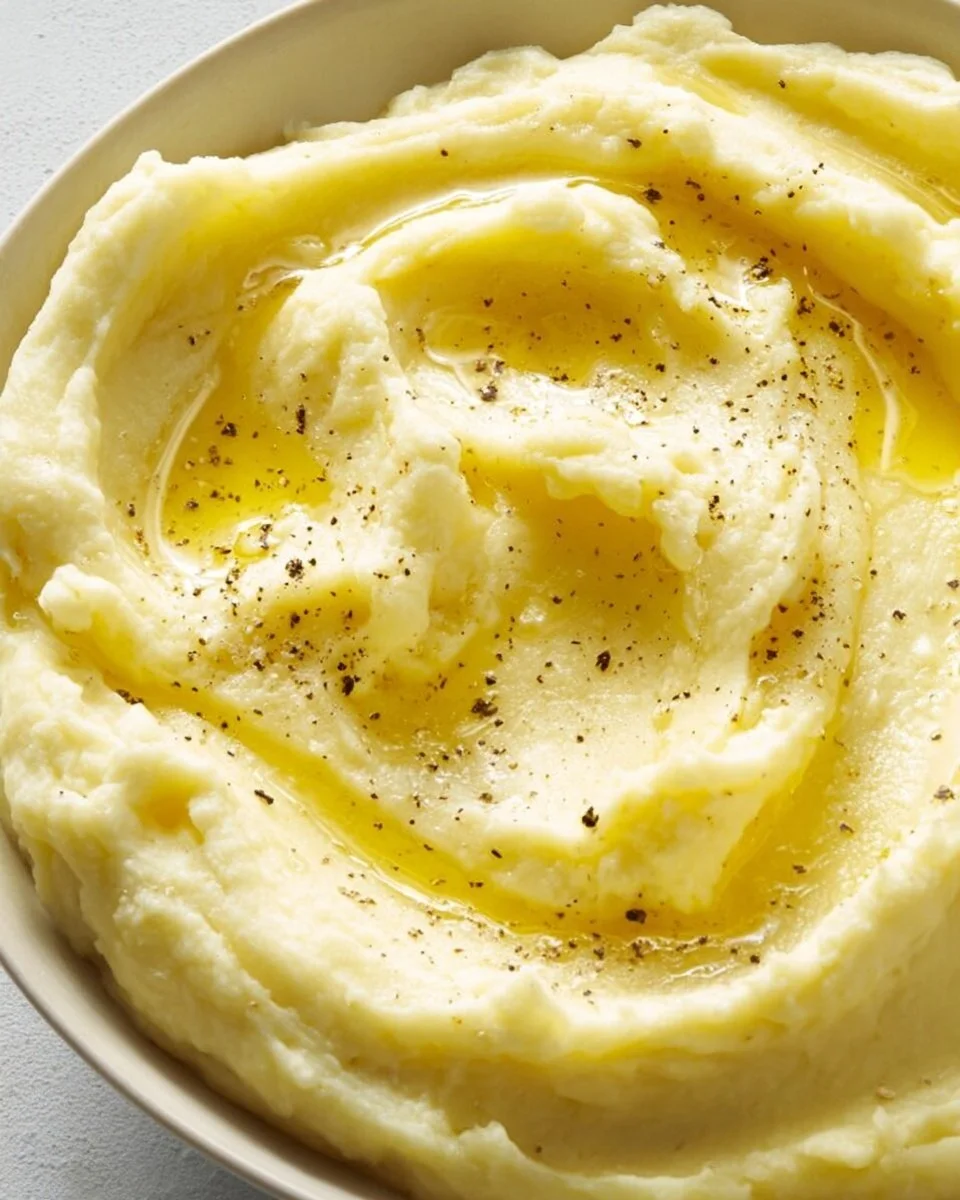 Martha Stewart's creamy mashed potatoes served in a white bowl with herbs