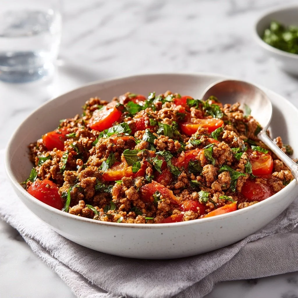 Savory Mexican ground meat dish garnished with fresh ingredients.