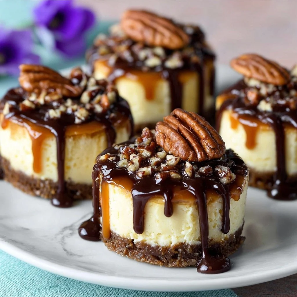 Delicious mini turtle cheesecakes topped with caramel, chocolate, and nuts