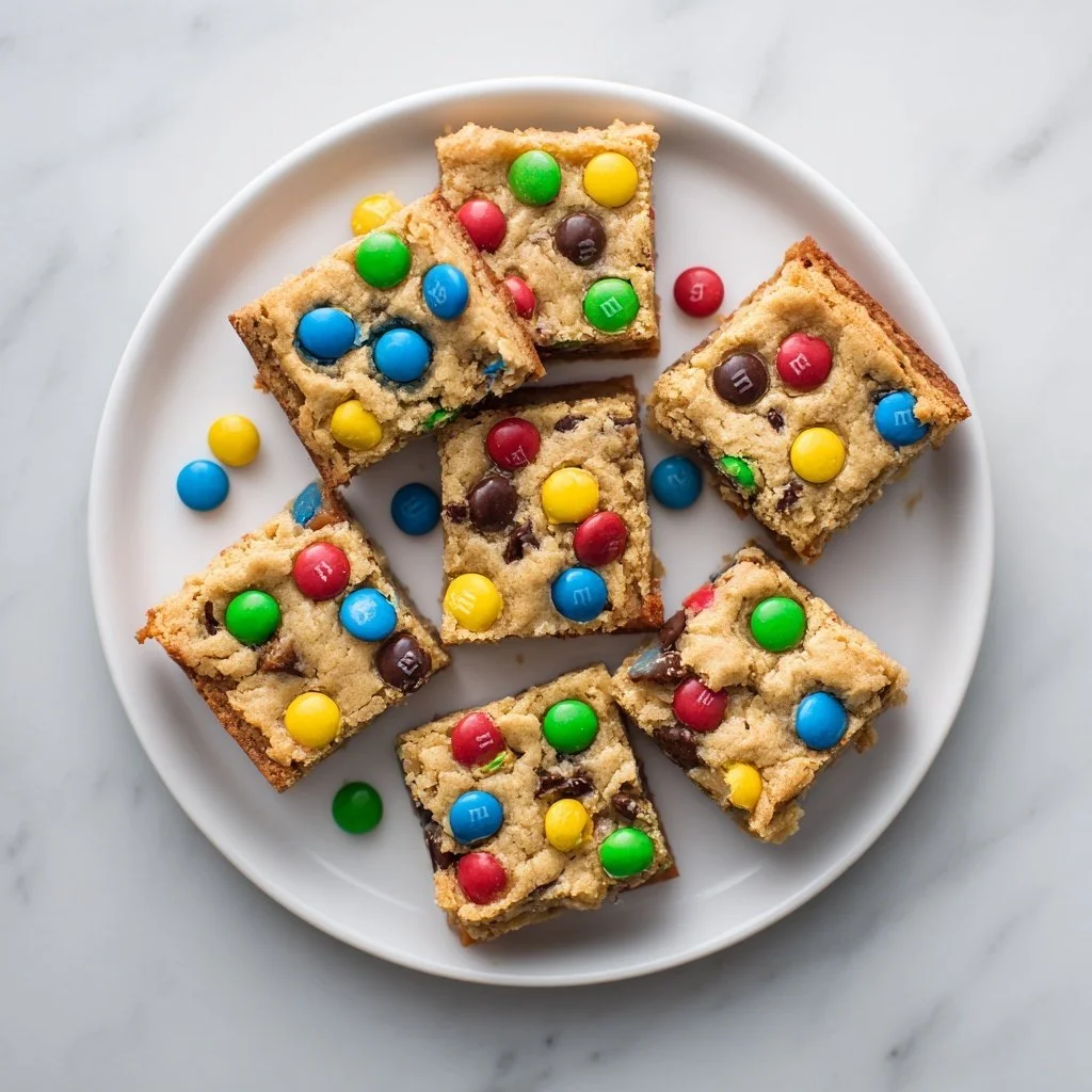 Delicious M&M cookie bars with chocolate pieces and a golden crust.