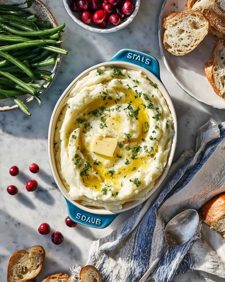 Creamy homemade mashed potato served in a bowl with garnishes.