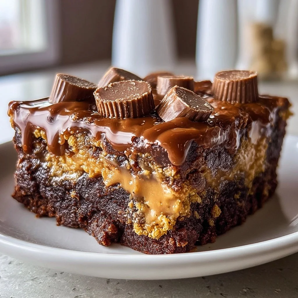 Delicious Peanut Butter Cup Dump Cake topped with melted chocolate and peanut butter cups