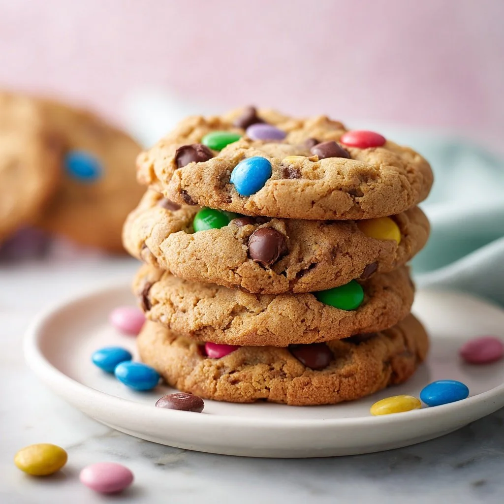 Delicious Peanut Butter M&M Chocolate Chip Cookies stacked on a plate