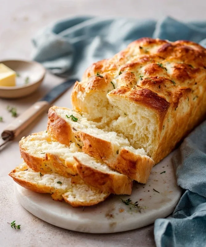 Freshly baked potato bread on a wooden table.