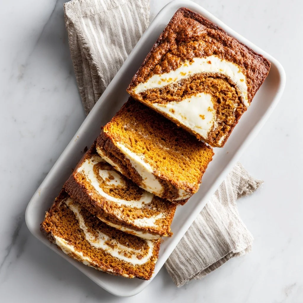 Delicious pumpkin bread with a creamy swirl of cream cheese on top