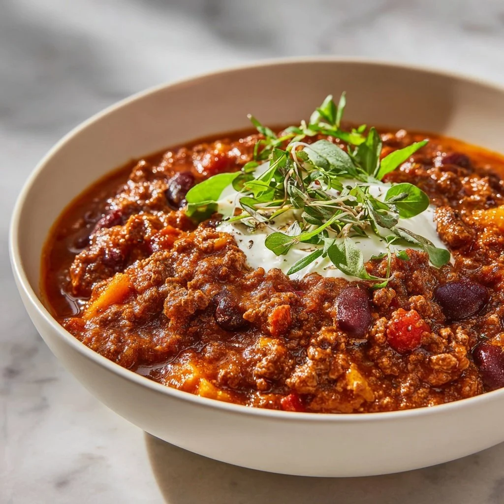 Bowl of hearty Pumpkin Chili with spices and fresh toppings