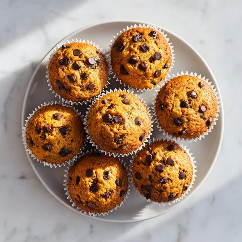 Delicious homemade pumpkin chocolate chip muffins fresh from the oven