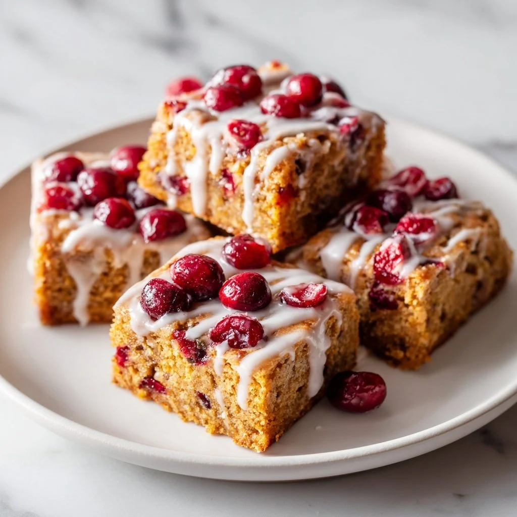 Delicious Pumpkin Cranberry Bars topped with icing and pecans.