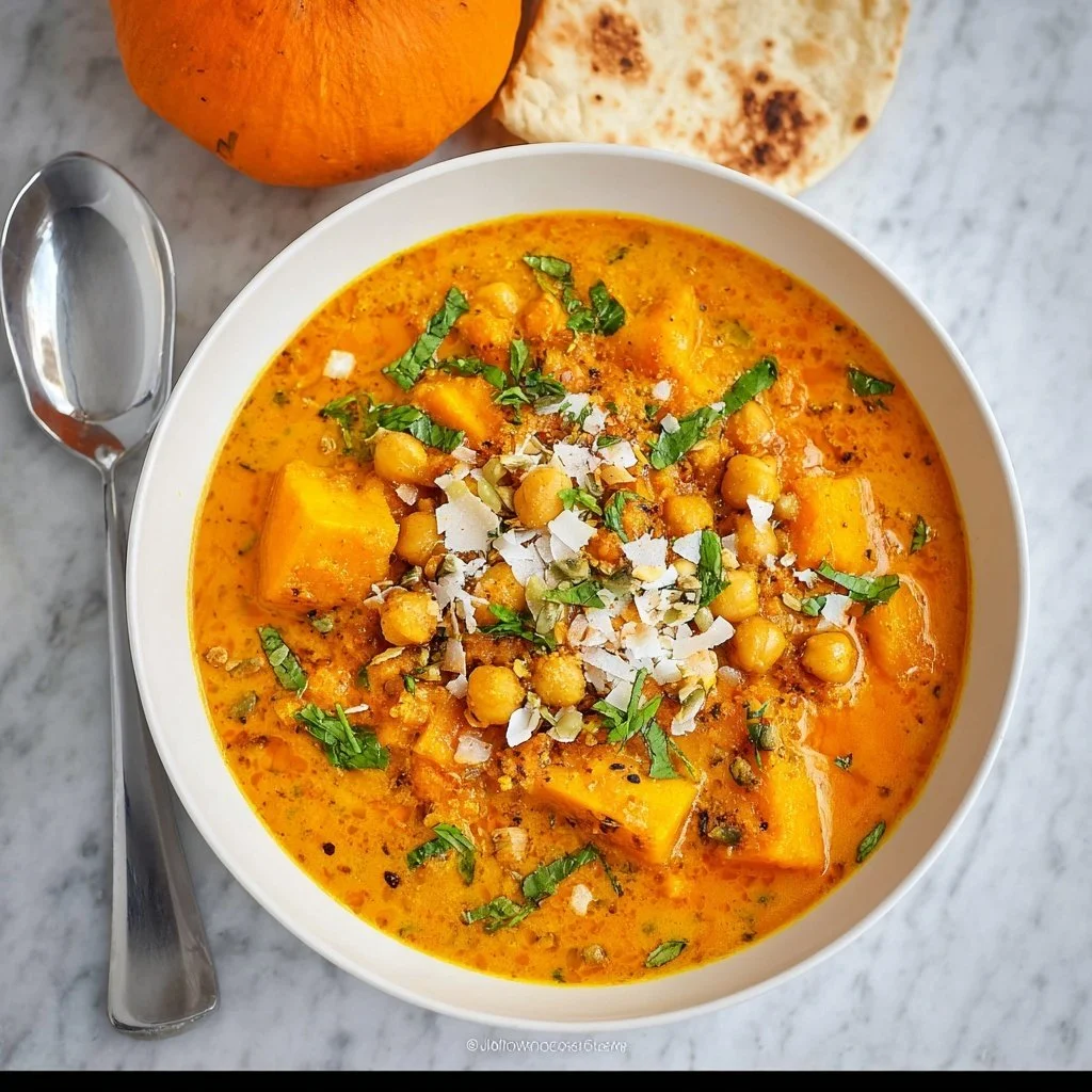 Delicious pumpkin curry with chickpeas and coconut served in a bowl