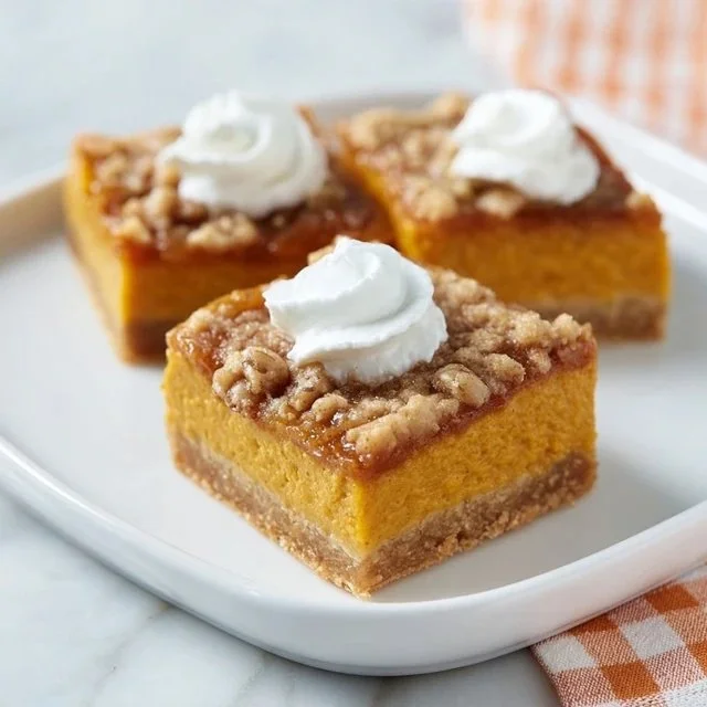 Delicious pumpkin pie bars with a creamy pumpkin filling and a crumbly crust.