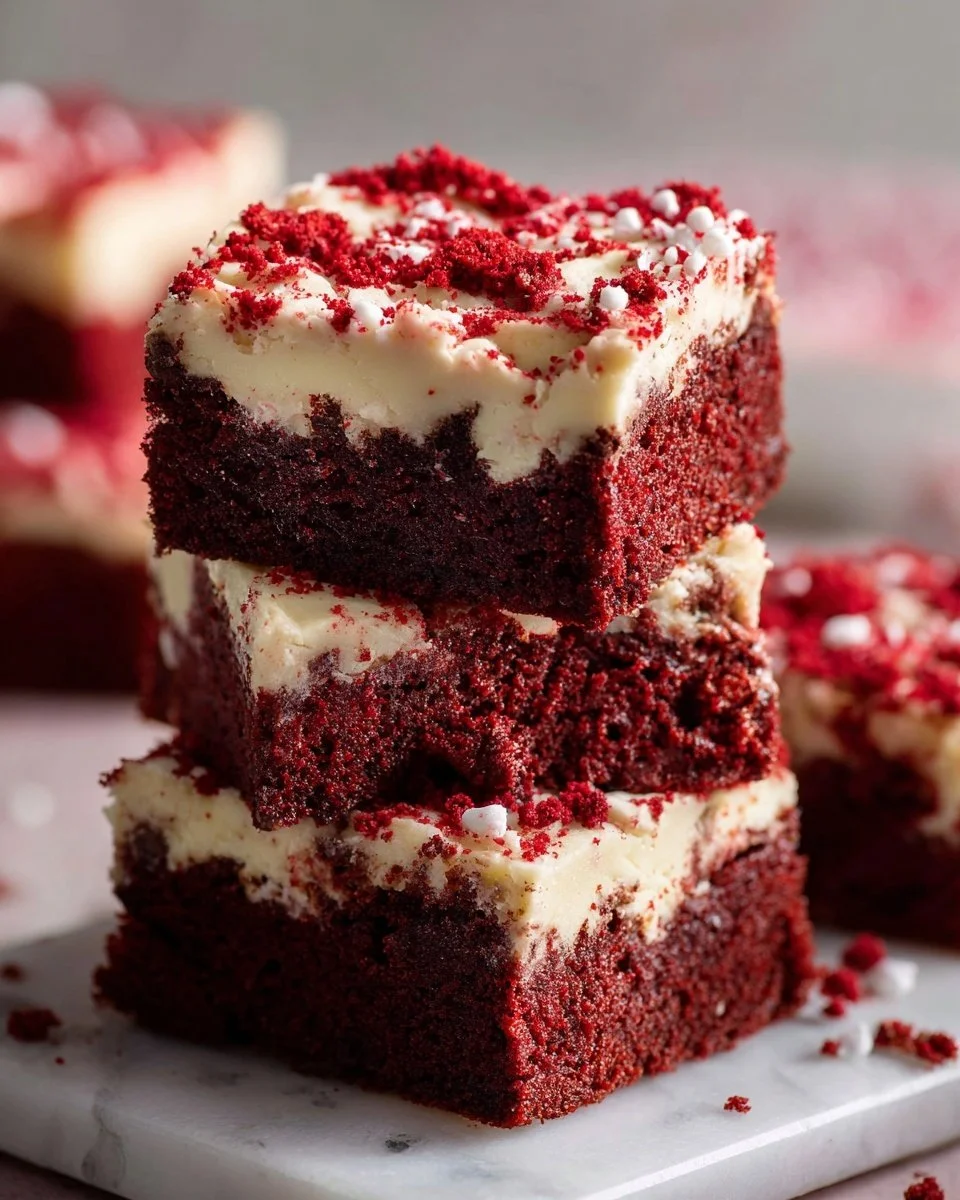 Delicious Red Velvet Brownies with cream cheese frosting on a white plate