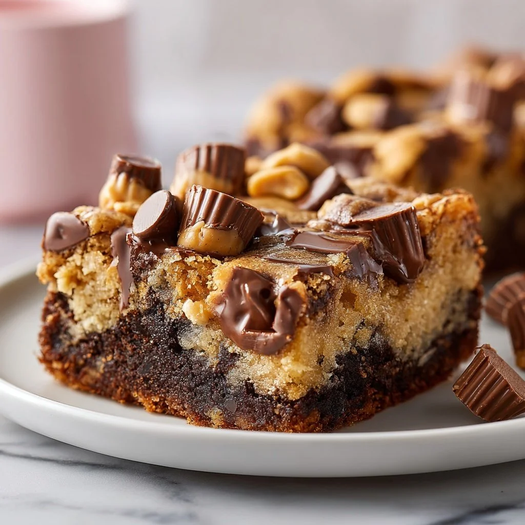 Delicious Reese's Chocolate Peanut Butter Cup Earthquake Cake ready to serve
