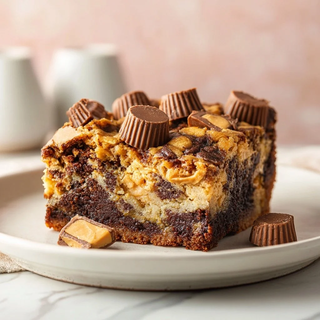 Delicious Reese's Peanut Butter Earthquake Cake topped with chocolate and peanut butter.
