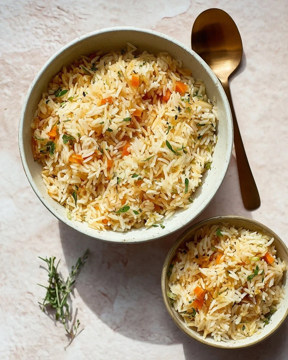 A bowl of delicious homemade rice pilaf garnished with herbs.