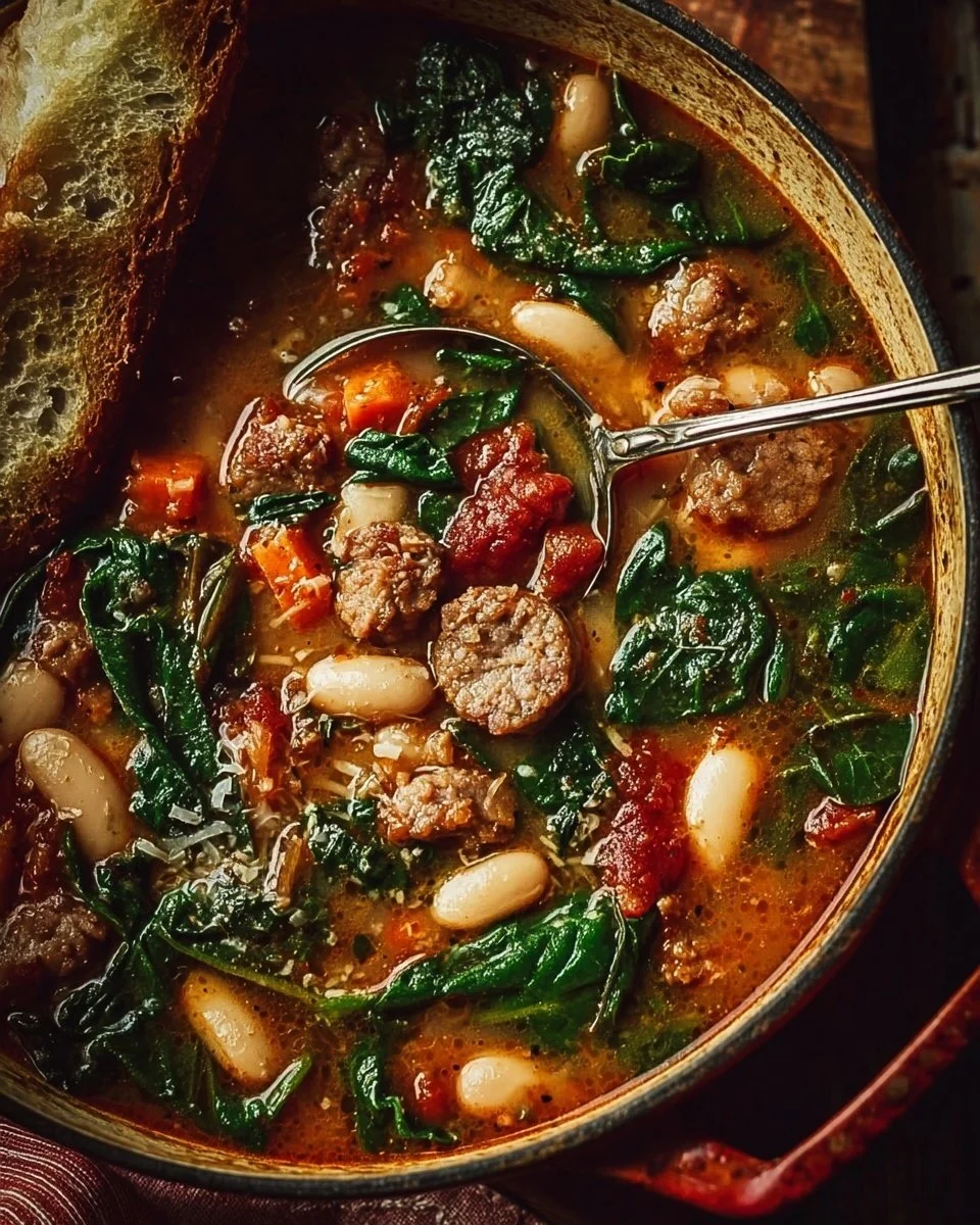 Bowl of sausage soup with beans and spinach garnished with herbs