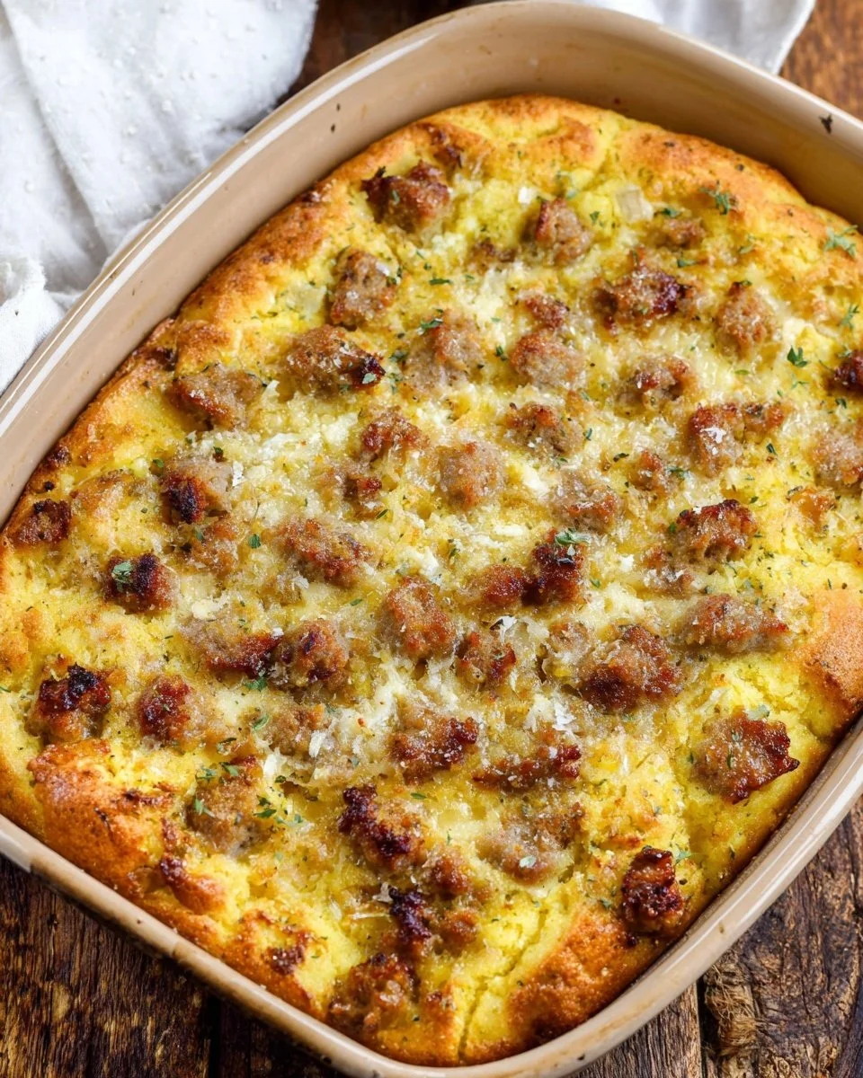 Delicious sausage breakfast casserole baked to perfection with eggs and cheese