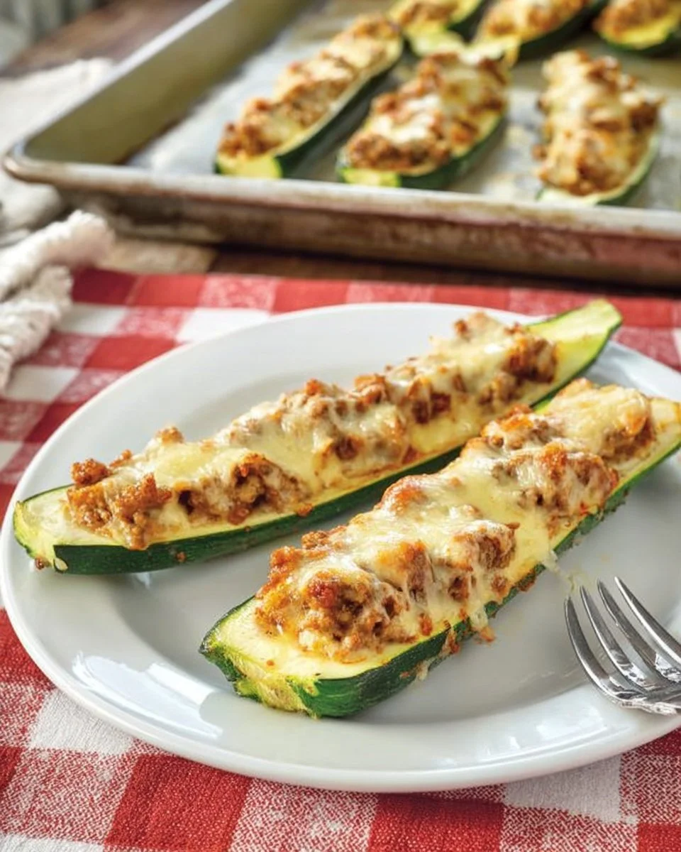 Delicious sausage stuffed zucchini baked and garnished with herbs