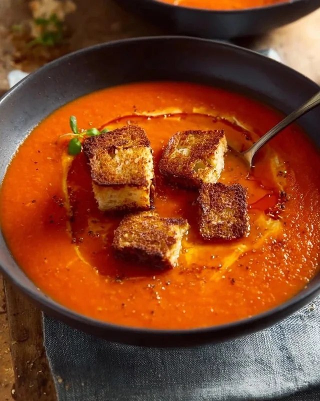 Delicious sheet pan roasted red pepper soup topped with grilled cheese croutons.