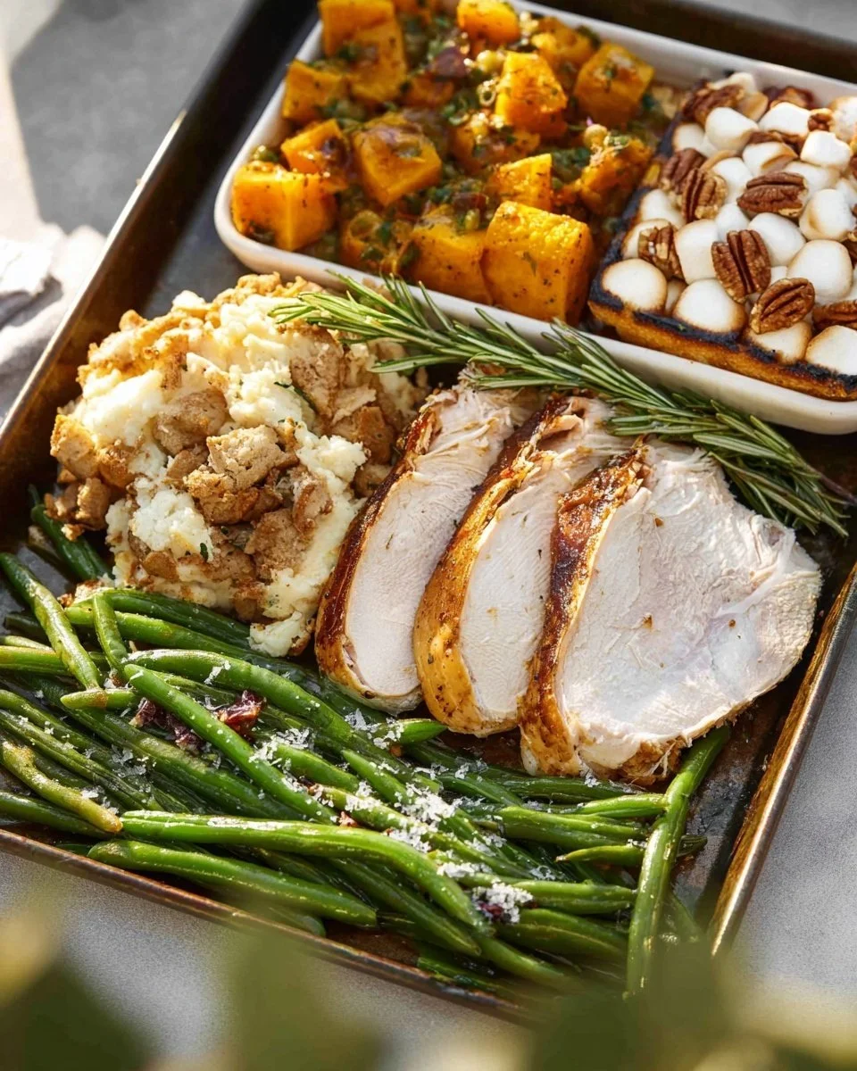 Sheet pan Thanksgiving dinner featuring turkey breast and holiday sides.