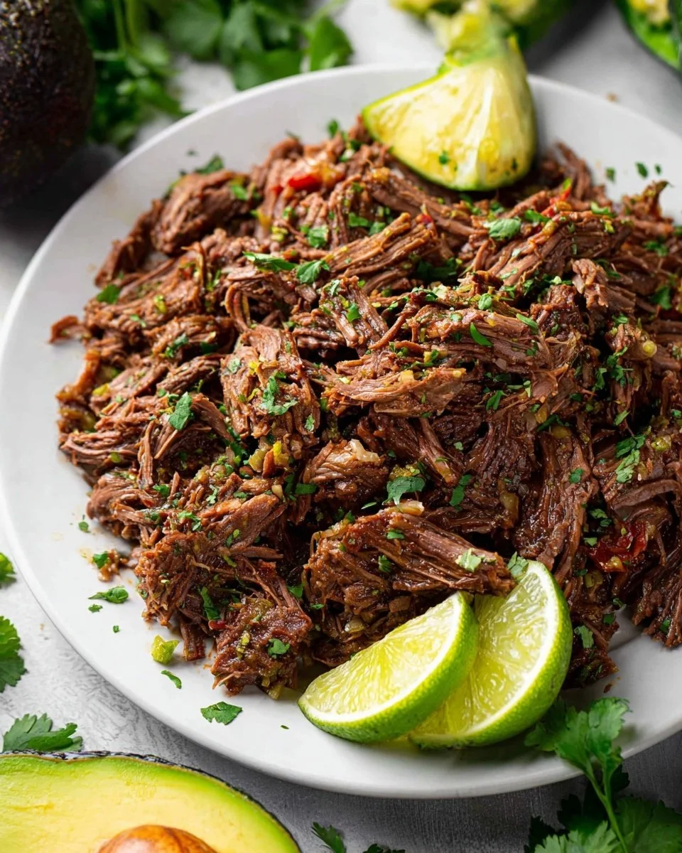 Delicious slow cooker beef barbacoa served with tortillas and toppings