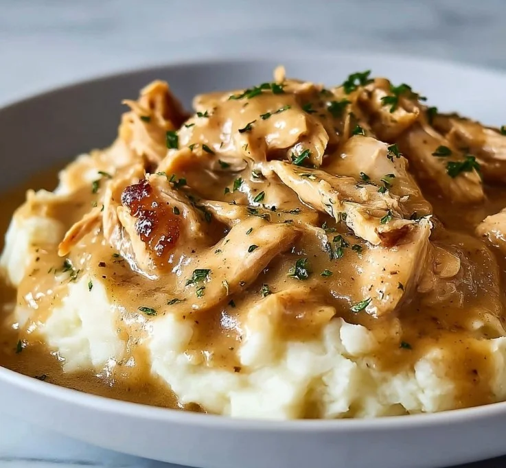 Delicious slow cooker creamy chicken and gravy dish served on a plate