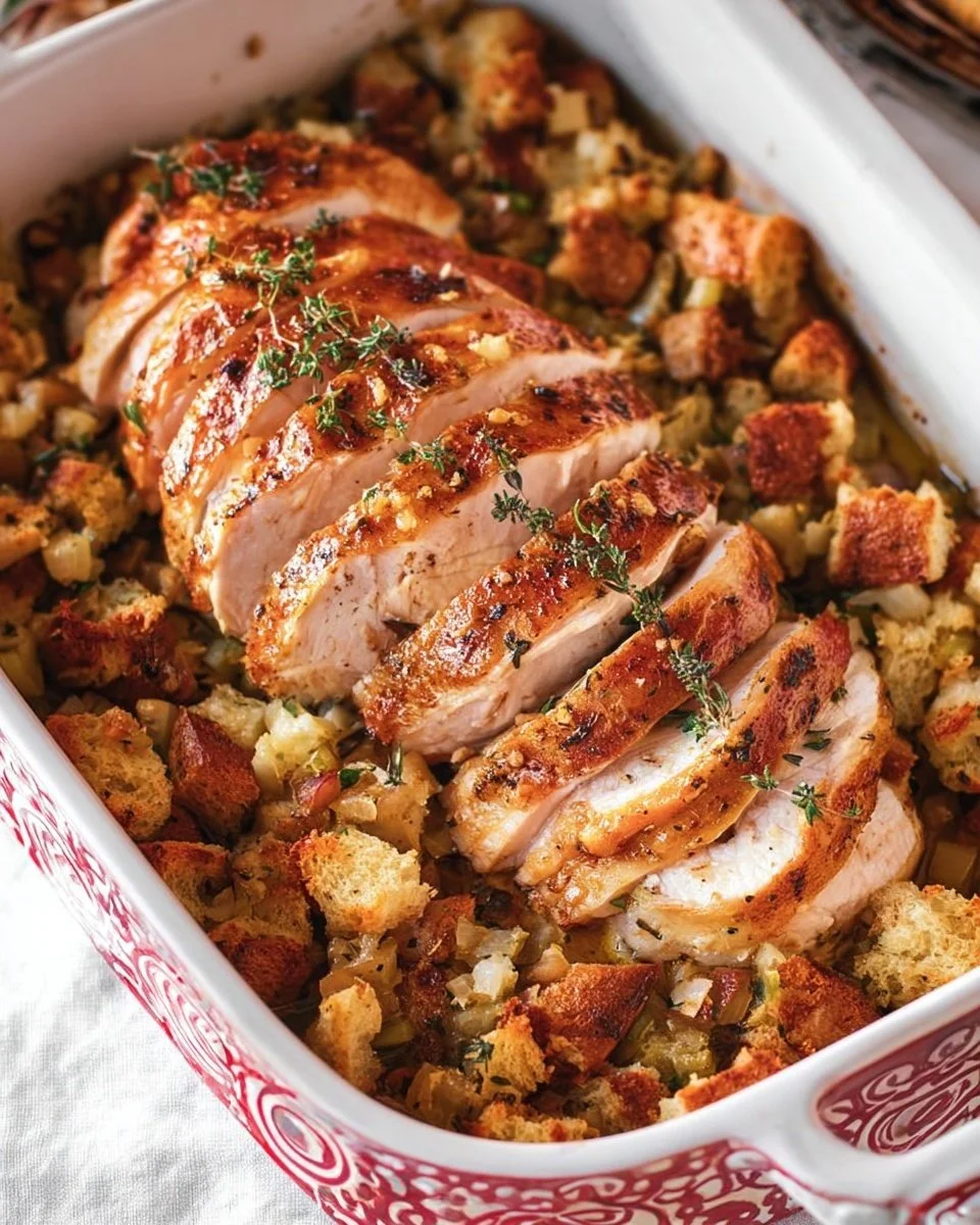 Small turkey dinner with stuffing served on a festive table
