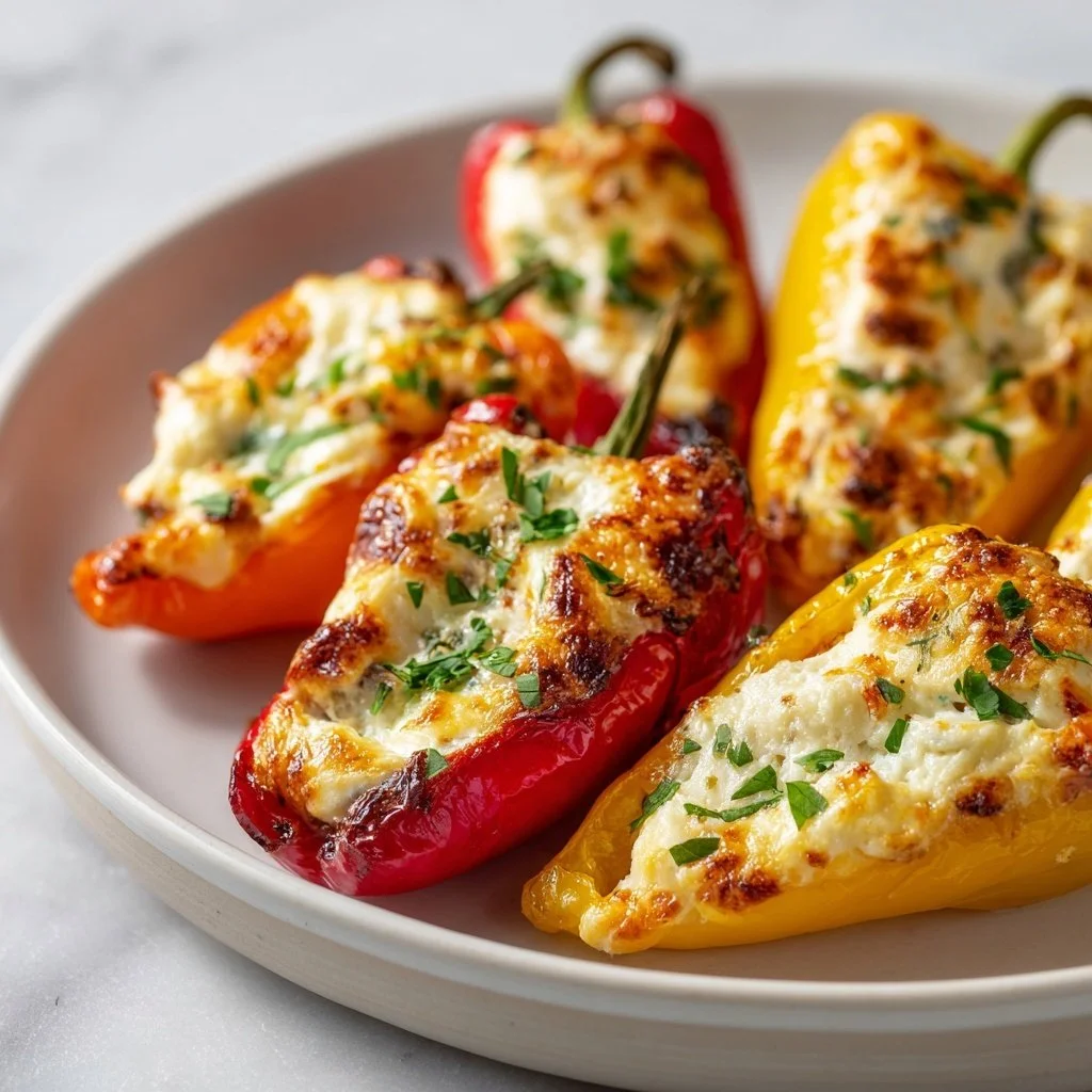 Plate of colorful stuffed mini peppers filled with cheese and herbs