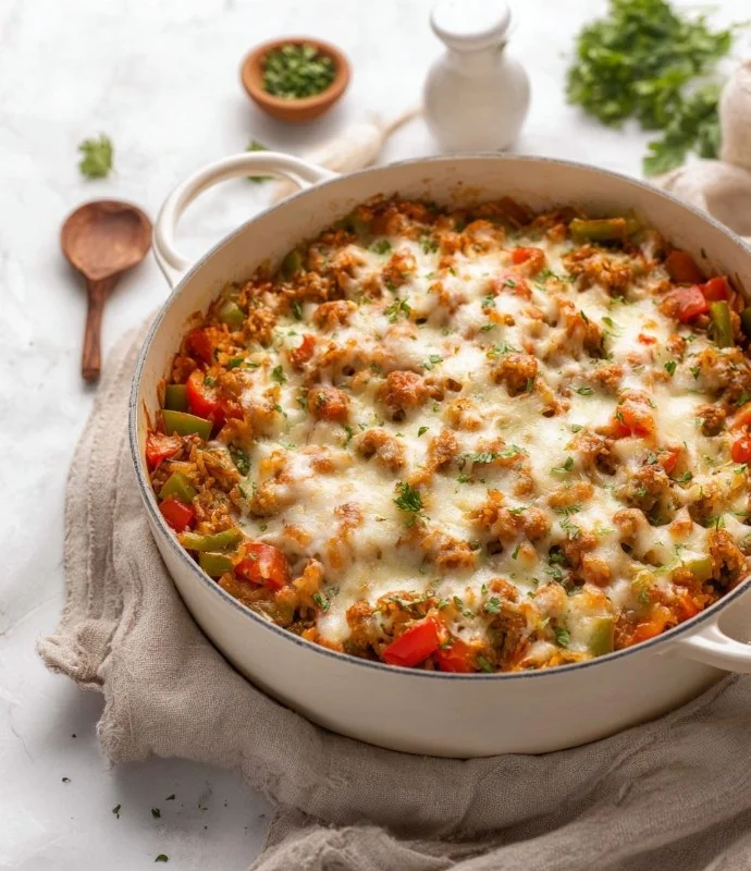 Delicious Stuffed Pepper Casserole served in a dish, showcasing vibrant peppers and rice.