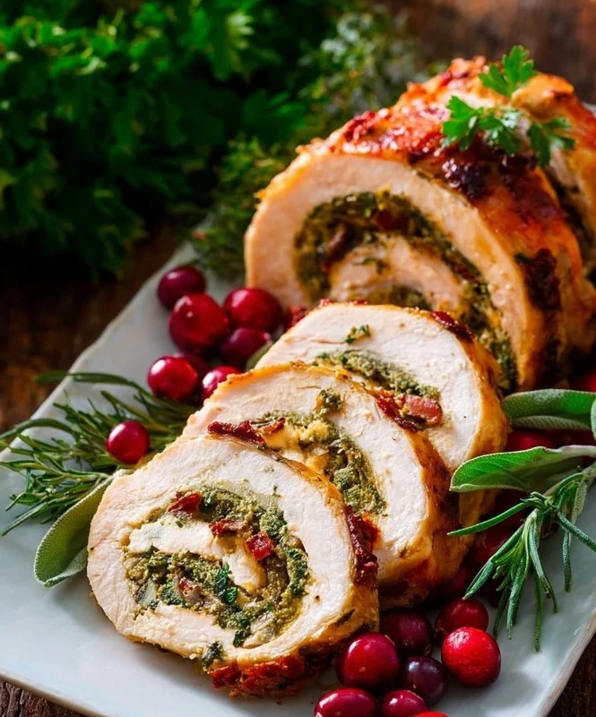 Delicious stuffed turkey breast ready to be served on a festive table