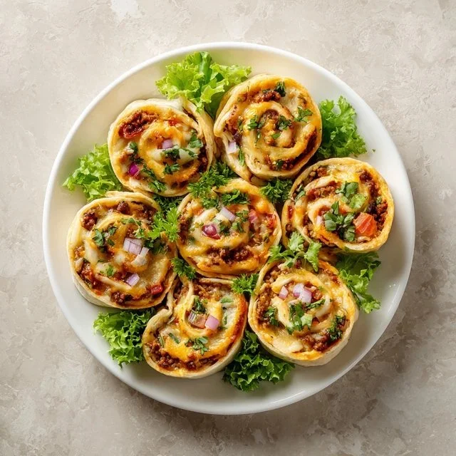 Plate of colorful Taco Pinwheels wrapped in tortillas, perfect for appetizers.