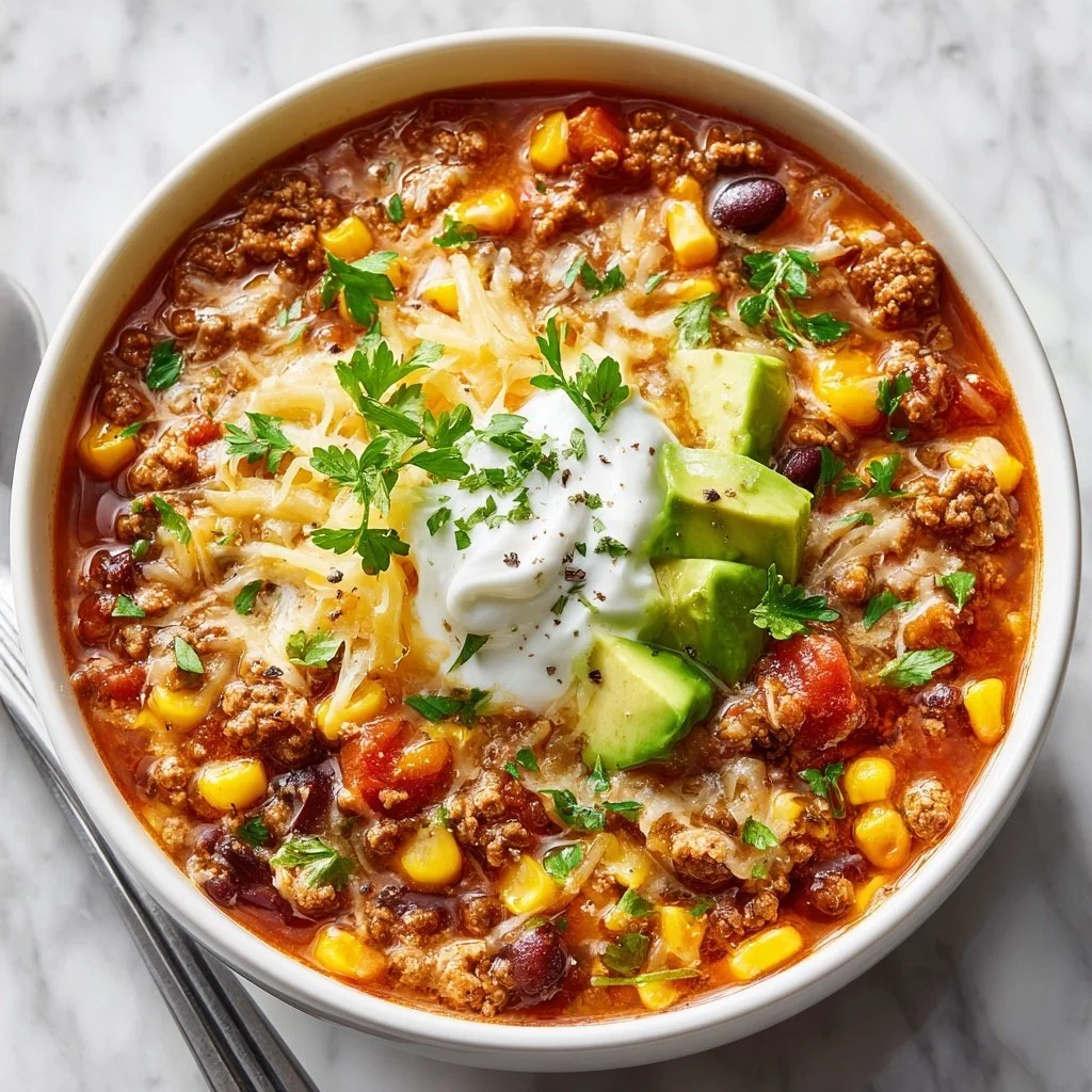 Bowl of homemade Taco Soup topped with cheese and cilantro