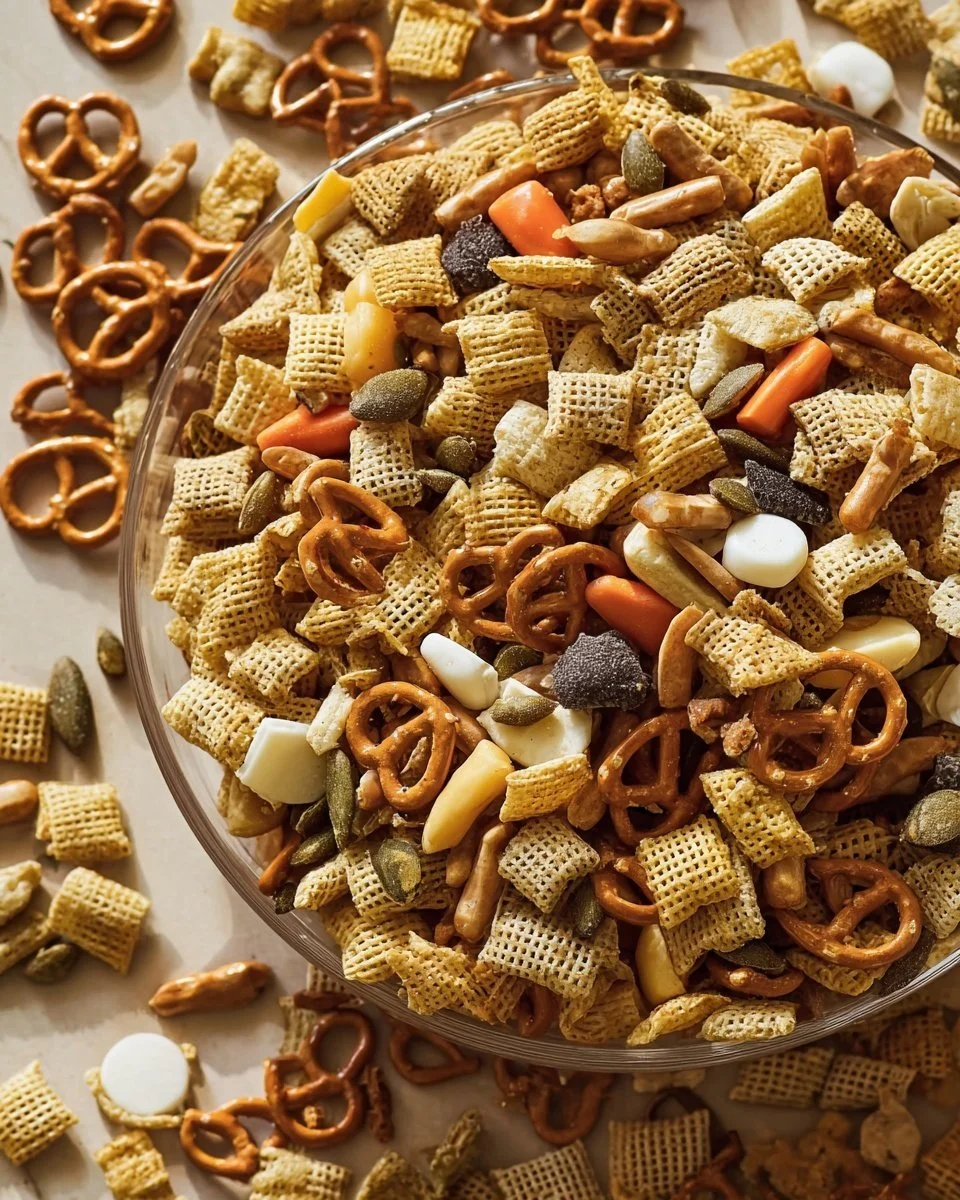 Colorful Thanksgiving Snack Mix with nuts, candy, and pretzels in a festive bowl