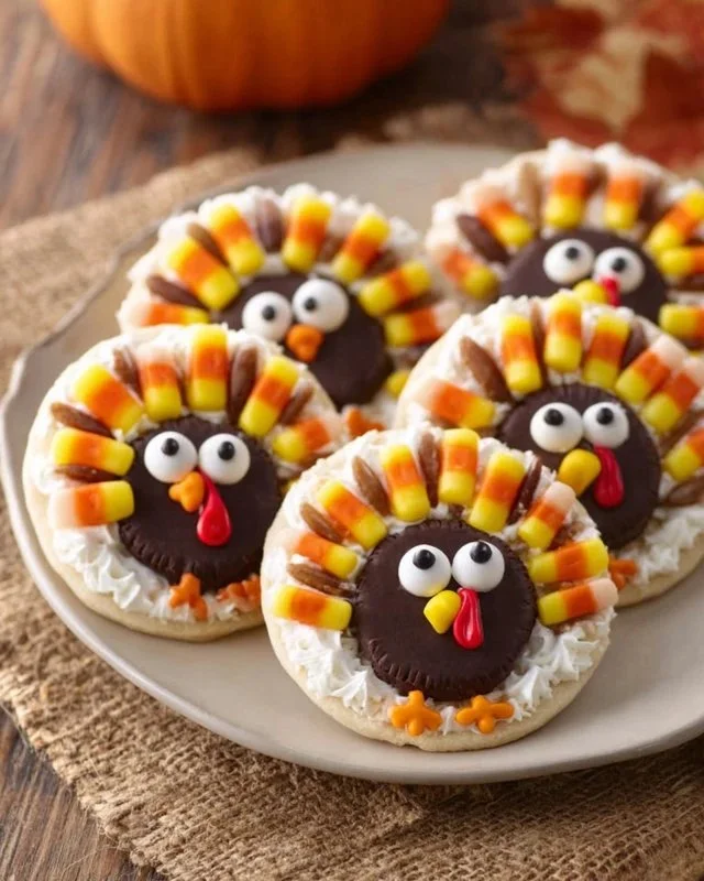 Platter of beautifully decorated Thanksgiving sugar cookies with autumn themes