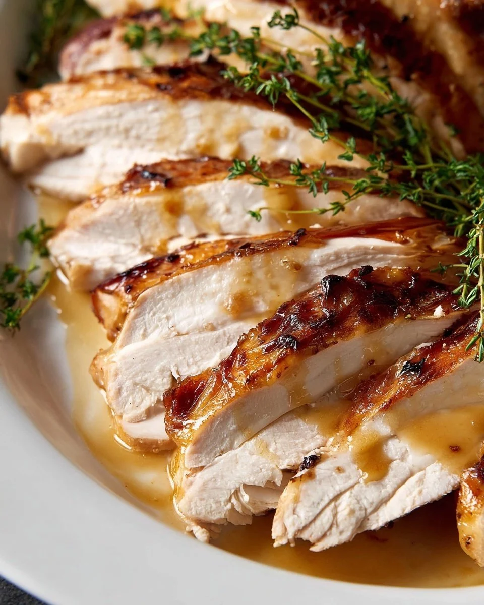 A perfectly roasted Thanksgiving turkey garnished with fresh herbs and colorful vegetables.