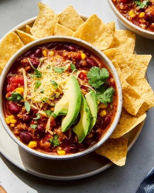 Bowl of healthy turkey chili garnished with fresh cilantro and avocado