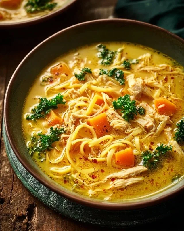 Bowl of turmeric chicken noodle soup with herbs and spices on a wooden table