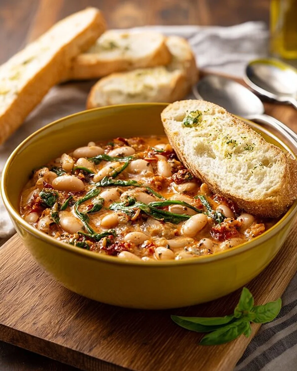 Tuscan creamy sundried tomato butter beans served with ciabatta bread