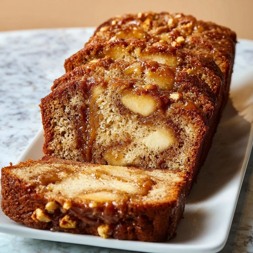 A loaf of warm cinnamon-spiced apple bread ready to be sliced and enjoyed.