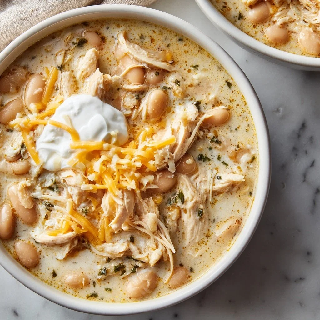 Bowl of delicious White Chicken Chili topped with cilantro and lime